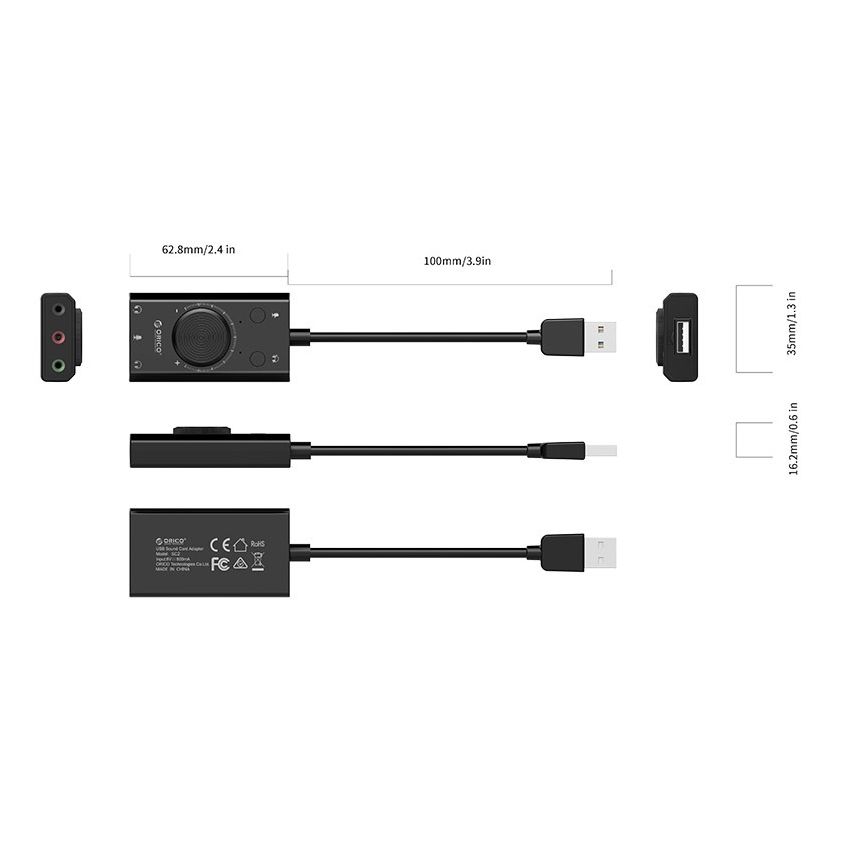 SC2 USB2.0 TO External Sound Card Mute Switch,Volume Adjustment Mic Speaker Headset Audio Jack 3.5mm Cable Adapter Black